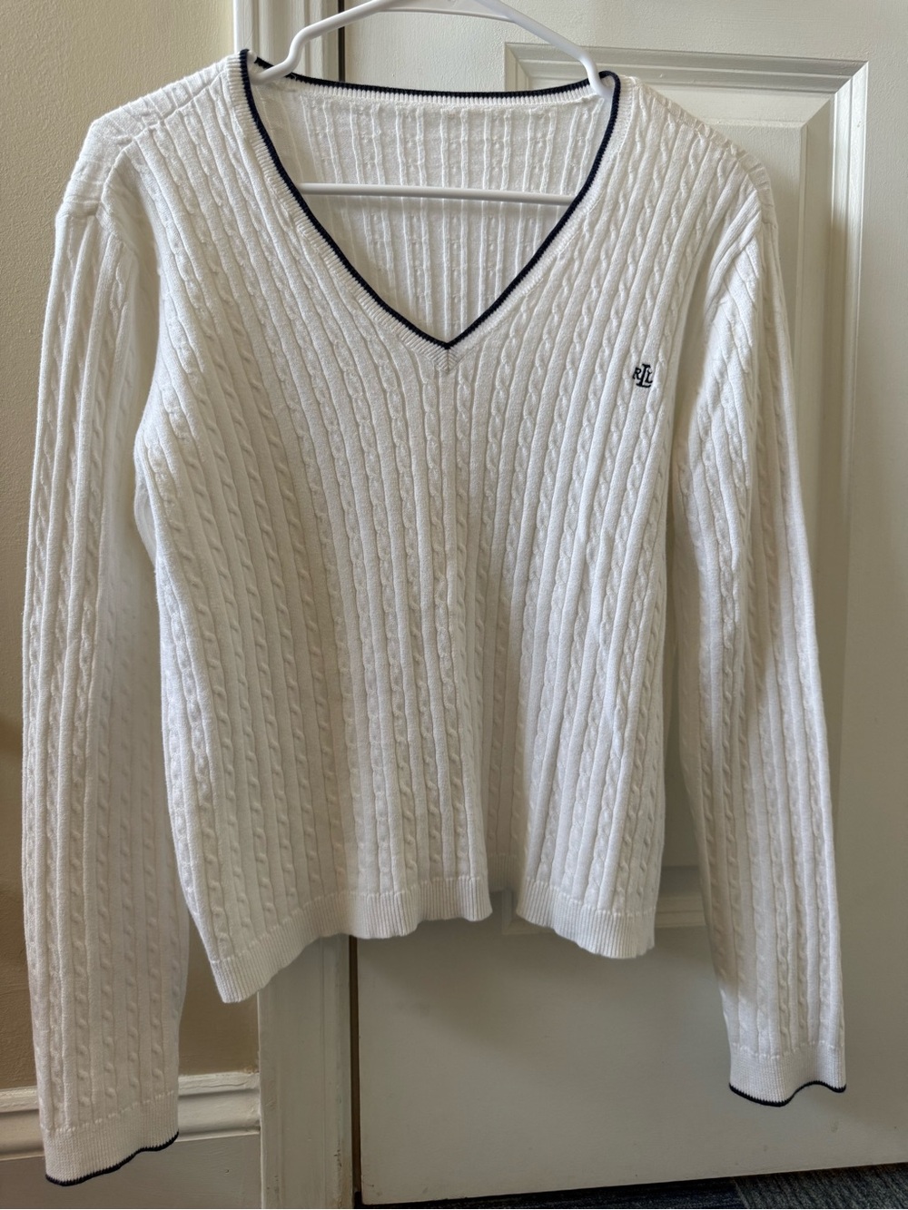Ralph Lauren White Cable-Knit V-Neck Sweater with Navy Trim